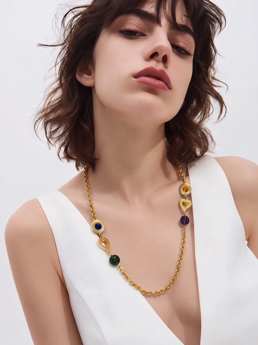 Liz Claiborne Vintage Gold Chain Necklace with Multicolor Gem Accents